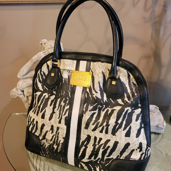 L.A.M.B. by Gwen Stefani Kingston Newspaper Print Zebra Print Bowler Bag #118 - Picture 3 of 15